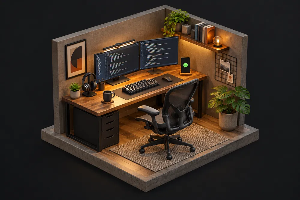 Ilustração 3D da mesa de trabalho de um programador