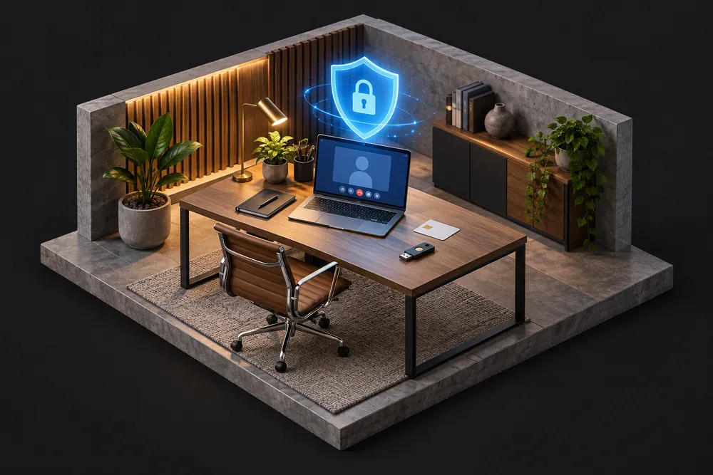 Ilustração 3D de uma mesa com notebook em videochamada e um escudo digital