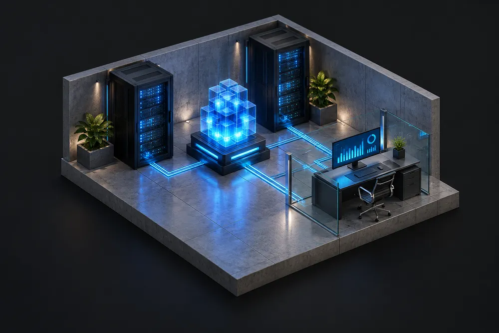 Ilustração 3D de um núcleo de inteligência artificial