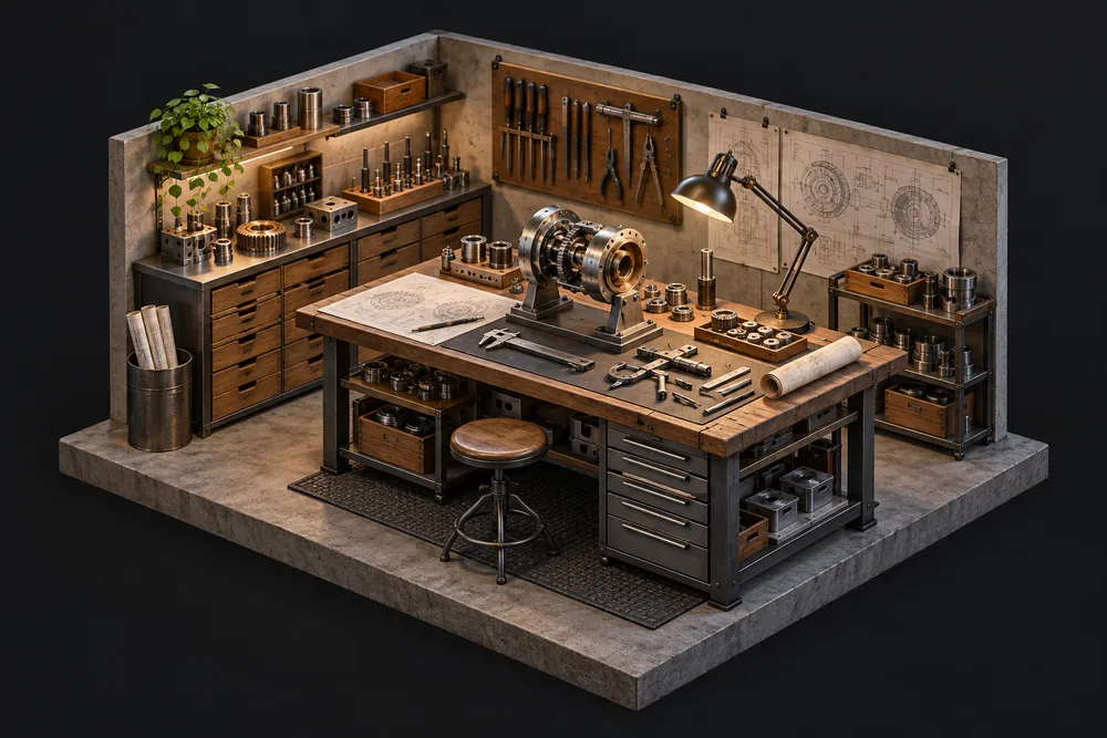 Ilustração 3D de uma bancada de trabalho sob medida