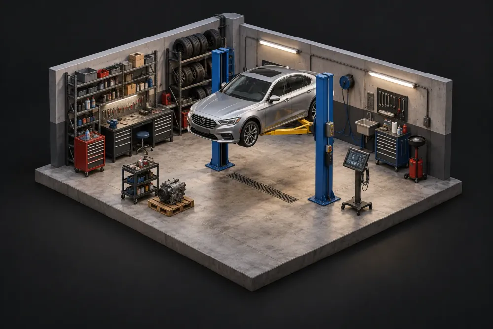 Ilustração 3D de oficinas e centros automotivos